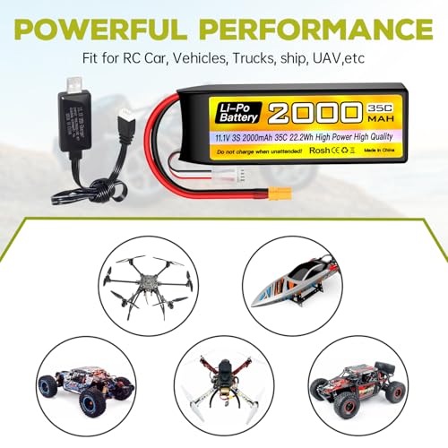 sea jump 3S Lipo Battery 11.1V 2000mAh 35C with XT30 Plug and USB Charging Cable Suitable for RC Car, Truck, RC Boat, Quadcopter Aircraft, FPV Drone Battery