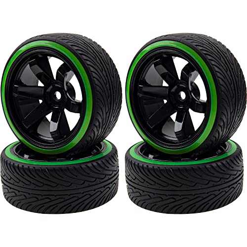 1/10 RC Drift Car Tires 12mm Hex Hub Wheel Rims & Hard Plastic Tyre 6 Spoke Compatible with Traxxas HSP Tamiya Kyosho HPI Redcat 1/10 On-Road RC Drift Drifting Car (Green)