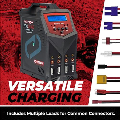 Venom Power - Pro Quad LiPo Battery Fast Charger with LCD Screen - 4 Ports at 100W Each - AC DC 7A Fast NiMH LiHV LiPo Balance Charger Discharger 1S to 6S, Drone, RC Car Battery Charger