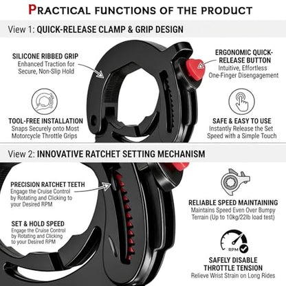 Motorcycle Cruise Control Throttle Lock Assist, Motorcycle Throttle Lock Cruise Control Clamp, Adjustable Handlebar Booster Throttles Clip with Release Button Universal Modification Accessories