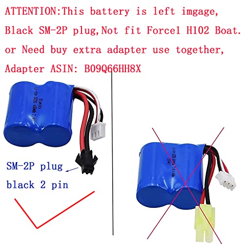 Blomiky 2 7.4V 600mAh 4.44Wh Lion Battery with SM-2P Black 2 Pin Plug Suitable for Skytech TKKJ Blue Boat H100 H102 H106 and H120 RC Ship Boat / H100 Battery 2