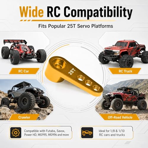2PCS 25T Aluminum Servo Horn, 3-Hole RC Steering Arm for Futaba Savox MG995 | CNC Aluminum Servo Arm M3 Thread Adjustable Linkage 12mm 16mm 20mm Positions 1/8 1/10 RC Power HD MG996 Crawler Buggy Truck - color: Gold
