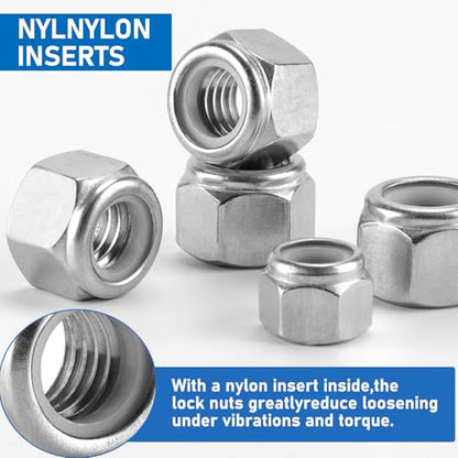 111 Pack 304 A2-70 Nylon Inset Lock Nuts, SAE | Stainless Steel Nylock Nuts, #6-32 #8-32 #10-24 1/4-20 5/16-18 3/8-16 1/2-13, Anti-Loose for Industrial & Home Fastening - color: Silver, size: SAE