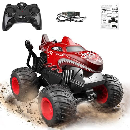 BEZGAR Monster Truck Toys - Remote Control Monster Truck with Light & Music, Dinosaur Toys for Kids, 1:20 Scale RC Truck with 360° Spins and Drifting, Remote Control Car for Boys (Red) - color: Red