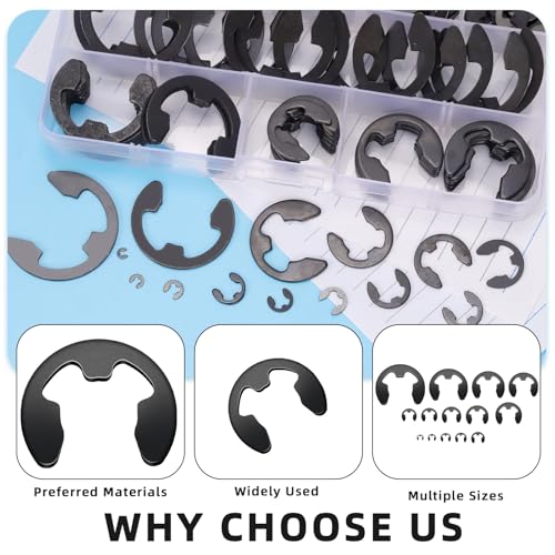 Glarks 211pcs 65Mn Steel E Clips Retaining Rings Assortment Set 14 Sizes E-Ring Circlip Rings Heat Treated External Retaining Clips E-Clips Retainer Circlip Rings with Tweezers for Gears