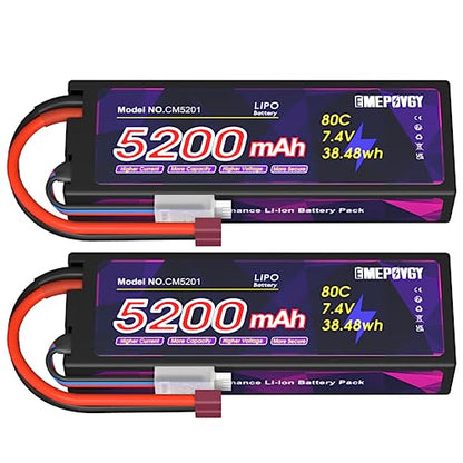 7.4V Lipo Battery 2S 5200mAh 80C Lipos Hard Case with T Connector for RC Car Trucks 1/8 1/10 RC Vehicles(2 Packs) - color: T