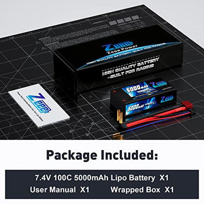Zeee 2S Shorty Lipo Battery 5000mAh 7.4V 100C Hard Case with 4mm Bullet to T Connector for RC 1/10 Scale Vehicles Car Trucks Boats RC Models