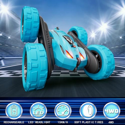 Remote Control Car, 4WD 2.4GHz Double-Sided RC Stunt Car, 360° Rotating Electric Rechargeable Toy Car with LED Lights, Gift for Boys Girls Ages 6+(Blue)