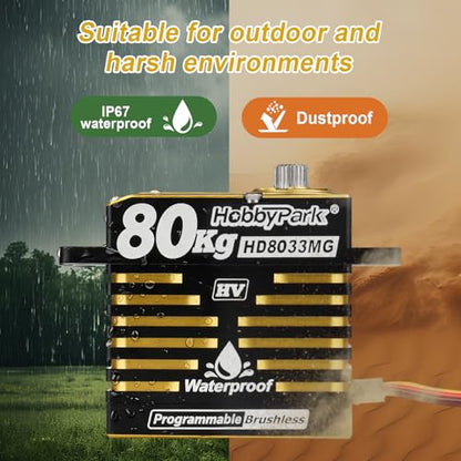 HobbyPark Waterproof 80kg Servos Brushless Motor High Torque RC Steering Servo Fast Speed Standard HV Stainless Steel Metal Gears for 1/8 1/10 RC Crawler Cars Truck Buggy 180° Programmable