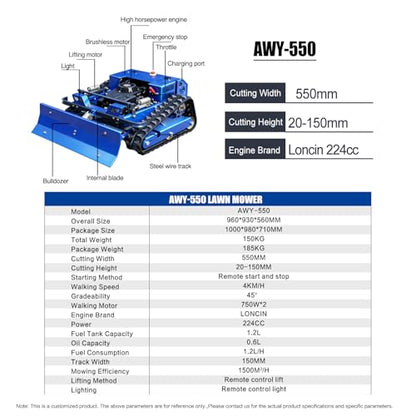 Remote Control Lawn Mower with Snow Plow, Crawler Track All-Terrain Machine, Oil-Electric Hybrid Power for Extreme Slopes and Large Turf, Adjustable Cutting Height - size: with snow plow attachment