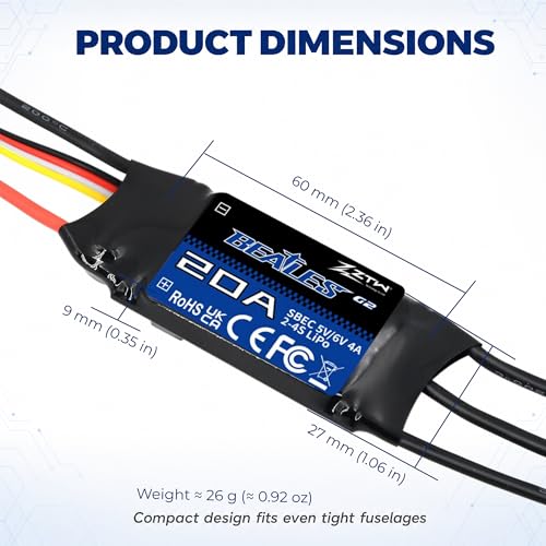 ZTW Beatles G2 20A ESC 2-4S Built-in Switching BEC 5V/6V 4A Brushless Speed Control for RC Airplane Aircraft Fixed-Wing - size: 20A