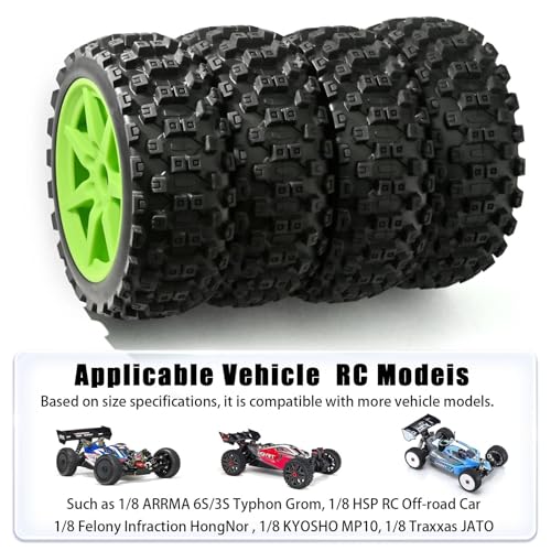 1/8 Scale RC Off-Road Buggy Tires & Wheels with 17mm Hex Foam Inserts Included, Compatible with ARRMA Typhon, LOSI, KYOSHO & More (Set of 4) - color: Green