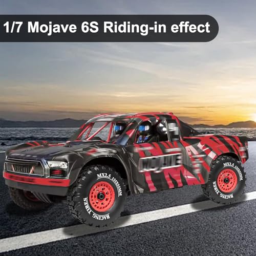 1/7 RC Short Course Truck Tires 1/8 Monster Truck Tires, 4PCS, Red | Compatible with ARRMA 1/7 Mojave 6S ARRMA 1/8 Mojave 4S TRAXXAS 1/7 UDR 6S RC Buggy Upgrades - color: Black Tires+ Red Wheels