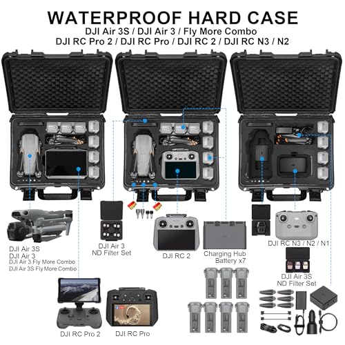 Lekufee Waterproof Hard Carrying Case for DJI Air 3S, Air 3 Drone, Fly More Combo, Battery, DJI RC Pro 2,RC 2,RC N3/N2, and Accessories(Case Only)
