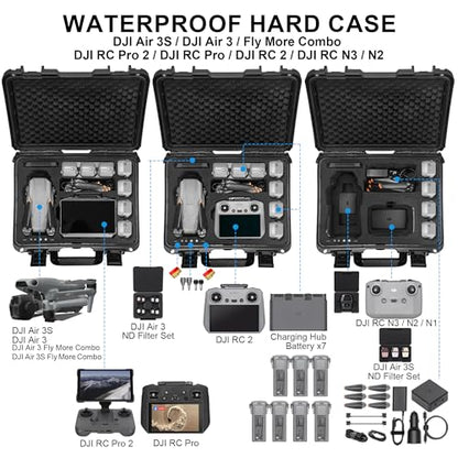Lekufee Waterproof Hard Carrying Case for DJI Air 3S, Air 3 Drone, Fly More Combo, Battery, DJI RC Pro 2,RC 2,RC N3/N2, and Accessories(Case Only)