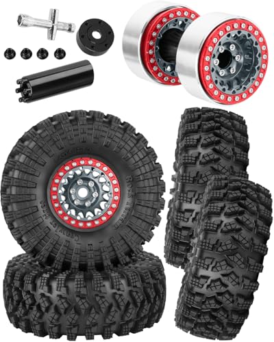 RC 1.9" Beadlock Wheels and Tires for 1/10 RC Crawler SCX10 90046 AX103007 TRX4 TRX6 VS4-10 Red cat Gen8 7 MST CFX RC 4WD D90,Dually 1.9 Beadlock Wheels Aluminum Rims Rubber Tires,Titanium - color: Titanium(4pcs)