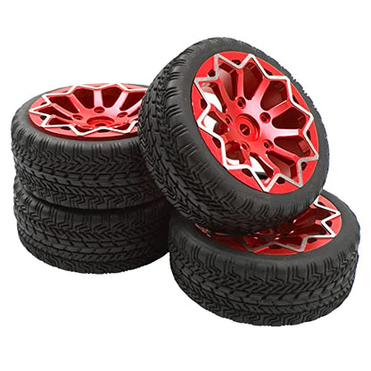ShareGoo Metal Wheel Rims with Rubber Tire RC 12mm Hex Compatible with HSP Tamiya Kyosho RedCat Sakura WLtoys 1/10 RC On-Road Racing Touring Car (Red) - color: Red