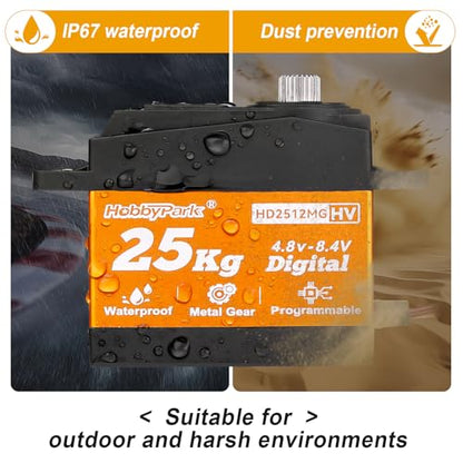 HobbyPark 25KG High Torque RC Servo Waterproof Full Metal Gears Steering Servo for 1/8, 1/10, 1/12 RC Cars Trucks Crawlers Robotic with 25T Servo Horn 180° Degree Programmable 8.4V HV (25kg Torque)
