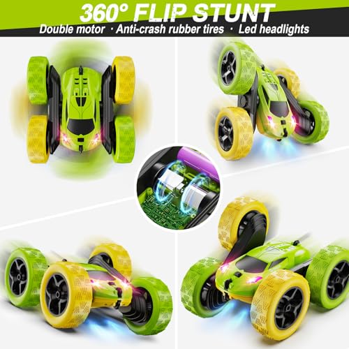 QUNREDA Remote Control Car, RC Car Toys for 6-12 Year Old Boys, Off Road RC Stunt Car 4WD 360° Rotating Remote Control Car for Kids, Boys Girls Gifts for Birthday, Christmas Yellow&Green - color: Yellow&green