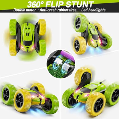 QUNREDA Remote Control Car, RC Car Toys for 6-12 Year Old Boys, Off Road RC Stunt Car 4WD 360° Rotating Remote Control Car for Kids, Boys Girls Gifts for Birthday, Christmas Yellow&Green - color: Yellow&green