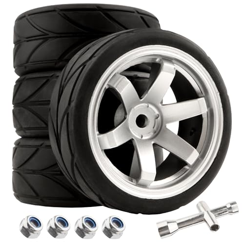 RC 1/10 Scale On Road Tires OD2.55 Rubber Wheel Rims 12mm Hex Compatible with Traxxas 4 Tec 2.0 Tamiya TT01 XV01 Kyosho WR8 Sakura WLtoys HPI Touring Racing Car(Silver) - color: Silver