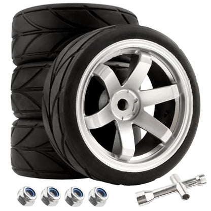 RC 1/10 Scale On Road Tires OD2.55 Rubber Wheel Rims 12mm Hex Compatible with Traxxas 4 Tec 2.0 Tamiya TT01 XV01 Kyosho WR8 Sakura WLtoys HPI Touring Racing Car(Silver) - color: Silver