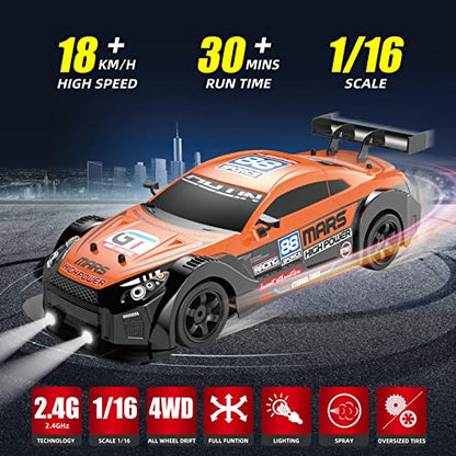RC Drift Car 2.4GHz 1:16 Scale 4WD High Speed Remote Control Cars Vehicle with LED Lights Two Batteries and Drifting Tires Racing Sport Toy Cars for Adults Boys Girls Kids - color: Orange