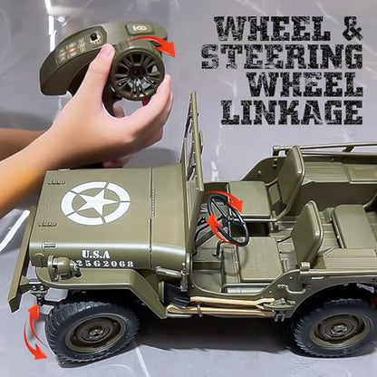1/10 Scale RC Military SUV, Remote Control 4WD Off-Road Vehicle with Alloy Frame Chassis, with Winch, Army Vehicle with Opening Hood and Folding Windshield, 2 Batteries - color: Rc Car + Winch + 2 Battery
