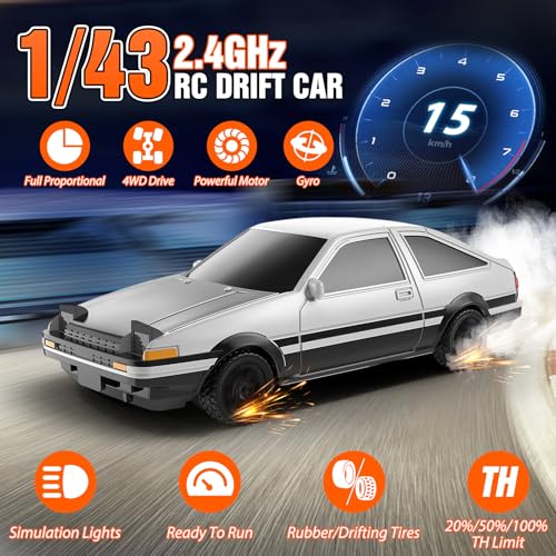 RC Drift car, 1/43 Mini Rc Drift car with Gyroscope, 2.4GHz Full Proportional Remote control Cars, 4WD High Speed Racing with Lights, Racing Tires, Model Cars Gift for Adults, Kids, Boys, Girls - color: White-a