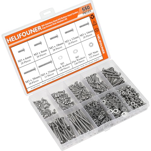 HELIFOUNER 550 Pieces M3 x 6mm /8mm /10mm /12mm /16mm /20mm /25mm, Button Head Socket Cap Screws Bolts Washers Nuts Kit, 304 Stainless Steel - size: 550 Pieces M3 Screw Kit