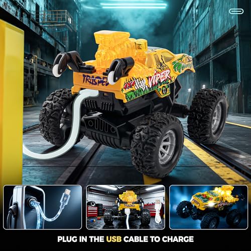 BEZGAR Mini Monster Truck Toys - 2.4GHz 1:64 Remote Control Car with Colorful Lights, 360° Spins, Metal Shell - Remote Control Monster Truck for Boys Girls Age 3, 4, 5, 6, 7, 8 Years Old(Yellow) - color: Yellow