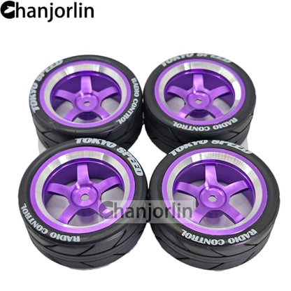 1/10 On Road Racing Tires And 5-Spoke Aluminum Wheels 12mm Hex OD 2.56" RC Touring Tyres For 1:10 Rally Street Drift Car Tamiya TT01 TT02 XV01 A959 PTG2 KYOSHO HSP Traxxas 4PCS (Purple) - color: Purple