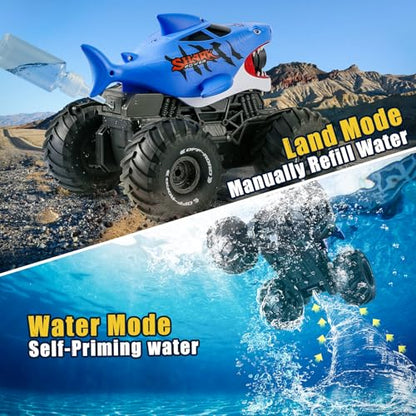BOBXIN Amphibious Remote Control Shark Monster Truck Squirt Water,4WD All-Terrain Off-Road 2.4Ghz Waterproof RC Car Pool Water Toys for Kids Age 6+ Blue - color: Blue