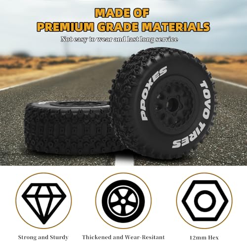 1/10 RC Short Course Tires 12mm Hex RC Wheels and Tires RC Truck Tires for RC Off-Road Car RC Car Wheels for Traxxas TRX4 Slash Arrma Losi Tenacity Vkar 10sc Hpi RC Buggy Car 4PCS (Style C) - Black