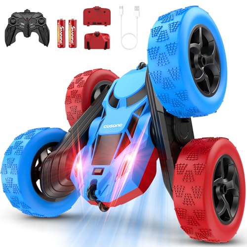 cosone Red Blue RC Stunt Car for Boys Girls | 360° Spinning Tricks, Double-Sided Driving, LED Lights, USB-C Rechargeable, One-Click Demo - color: Red&blue Pro