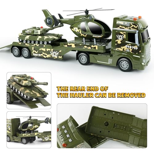 Dwi Dowellin Green Military Big Truck Toys,25.6" Semi Truck Toy with Helicopters and Tank,Army Toys with Lights & Sounds,Birthday Gift for 2 3 4 5 Years Old Boys and Girls - style: Army Truck