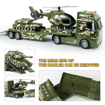 Dwi Dowellin Green Military Big Truck Toys,25.6" Semi Truck Toy with Helicopters and Tank,Army Toys with Lights & Sounds,Birthday Gift for 2 3 4 5 Years Old Boys and Girls - style: Army Truck