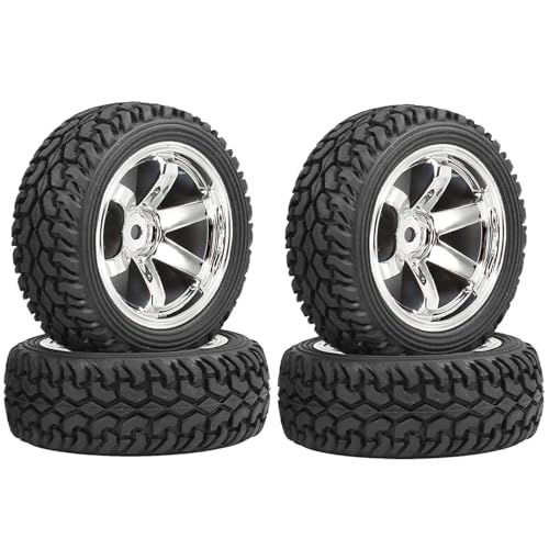 4PCS 75mm Rubber Tires and 6Spokes Plastic Wheel Rims Tyre for 1/10 RC On-Road Drift Racing Car 1:14 1:16 Rally Car for Tamiya Kyosho HPI HSP TT02 Upgrades Parts (Silver) - color: Silver