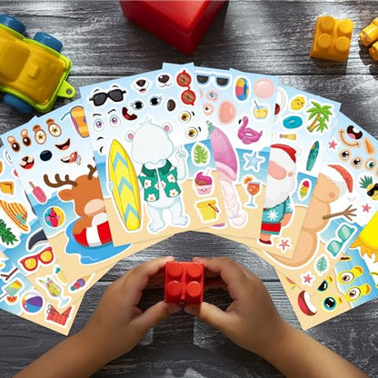 Summer Stickers, July Christmas Make a Face Sticker, Make Your Own Sticker | 24 Sheets Chirstmas Santa Claus Hawaiian Tropical Style Stickers for July Party Games Decorations Supplies - style: July Christmas
