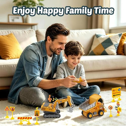 Mini RC Excavator and Dump Truck 1:64 Scale for Kids Adults | Desktop Alloy Remote Control Construction Vehicles with Lights, Sound, Variable Speed, Includes Traffic Signs and Play Mat