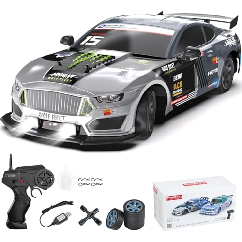 Dollox Remote Control Car 1/16 Scale RC Drift Car 2.4GHz 4WD High Speed 18+KM/H Vehicle with LED Lights and Spray, Extra Drifting Tires Racing Vehicle Toys Birthday Gifts for Adults Boys, 2 Batteries - color: Grey