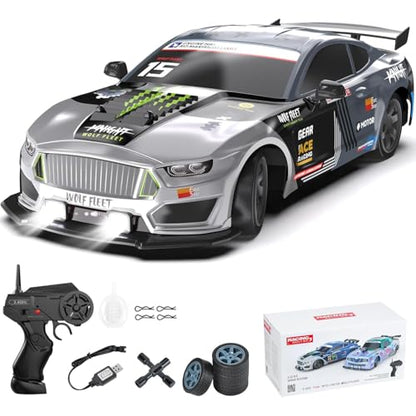 Dollox Remote Control Car 1/16 Scale RC Drift Car 2.4GHz 4WD High Speed 18+KM/H Vehicle with LED Lights and Spray, Extra Drifting Tires Racing Vehicle Toys Birthday Gifts for Adults Boys, 2 Batteries - color: Grey