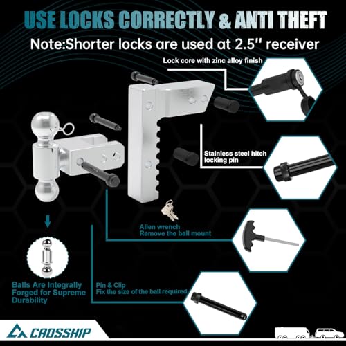 Adjustable Trailer Hitch - Heavy Duty Aluminum Drop Drawbar Hitch - Fits 2.5" Receiver, 8" Drop/Rise with 2" & 2-5/16" Solid Dual Balls 18,500 LBS GTW- for Truck, SUV, RV - color: Silver, size: 2.5" 8 Drop-Dual Ball