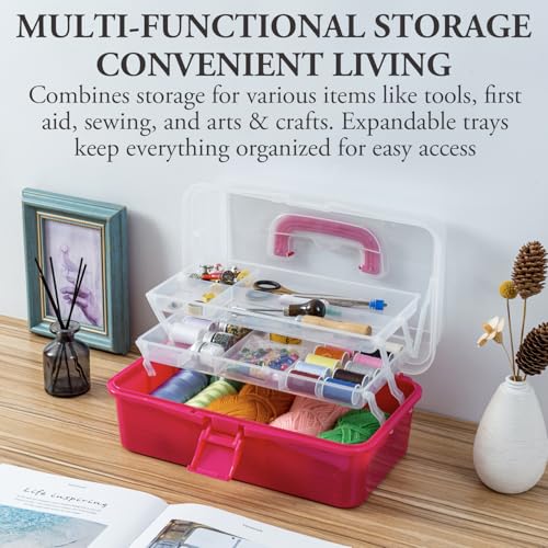 MyGift 13-Inch Dark Pink Plastic Craft Organizer and Storage Box – Clear Carrying Case with Latching Lid & 2 Expandable Trays for Sewing, Tools, First Aid, and Art Supplies - color: Fuscia