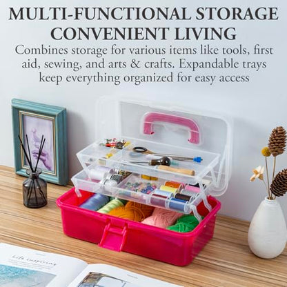MyGift 13-Inch Dark Pink Plastic Craft Organizer and Storage Box – Clear Carrying Case with Latching Lid & 2 Expandable Trays for Sewing, Tools, First Aid, and Art Supplies - color: Fuscia