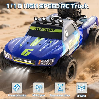 1/18 Fast RC Car for Adults, 4WD Electric Off-Road RC Moster Truck, 30KM/H High Speed RC Car W/ 2 Batteries for Hobby RTR Gifts - color: Kf19-blue