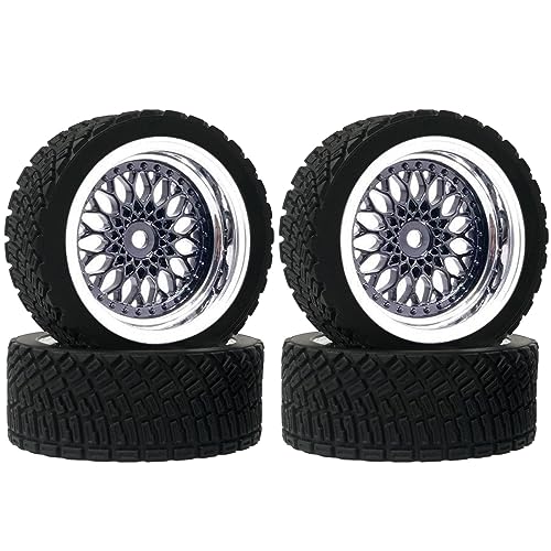 4PCS 65mm RC Rally Car Rubber Tires and Plastic Plating Wheel Rims Set 12mm Hex for 1/10 RC On-Road Rally Drift Racing Car for HSP Tamiya Sakura HPI WR8 HSP TT02 WLtoys(Black Silver) - color: Black