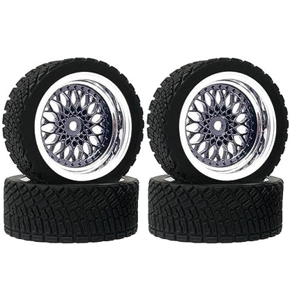 4PCS 65mm RC Rally Car Rubber Tires and Plastic Plating Wheel Rims Set 12mm Hex for 1/10 RC On-Road Rally Drift Racing Car for HSP Tamiya Sakura HPI WR8 HSP TT02 WLtoys(Black Silver) - color: Black