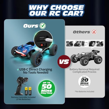 Tecnock RC Cars for Kids, 1:18 Scale 2WD RC Car with USB-C Easy Charging, 2.4GHz Remote Control Car with LED Lights & 50 Mins Playtime, Toys Gifts for Boys & Girls Ages 8-12 - color: Navy Blue