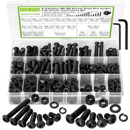 500Pcs M6 M8 Button Head Hex Socket Metric Screws Assortment Kit | 12mm-40mm 10.9 Alloy Steel Machine Nuts and Bolts with Lock Nut and Washers, M6x1.0, M8x1.25, for Equipment Assembly - size: H. M6 M8